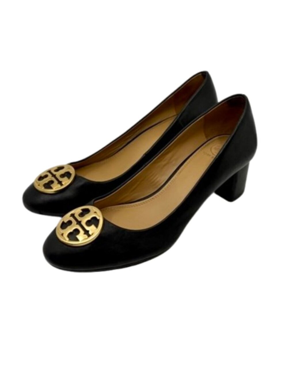 TORY BURCH~Chelsea 50mm Black Napa Leather Block Heel Pumps Gold Logo SZ 8